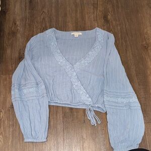 Blue Embroidered Wrap Top